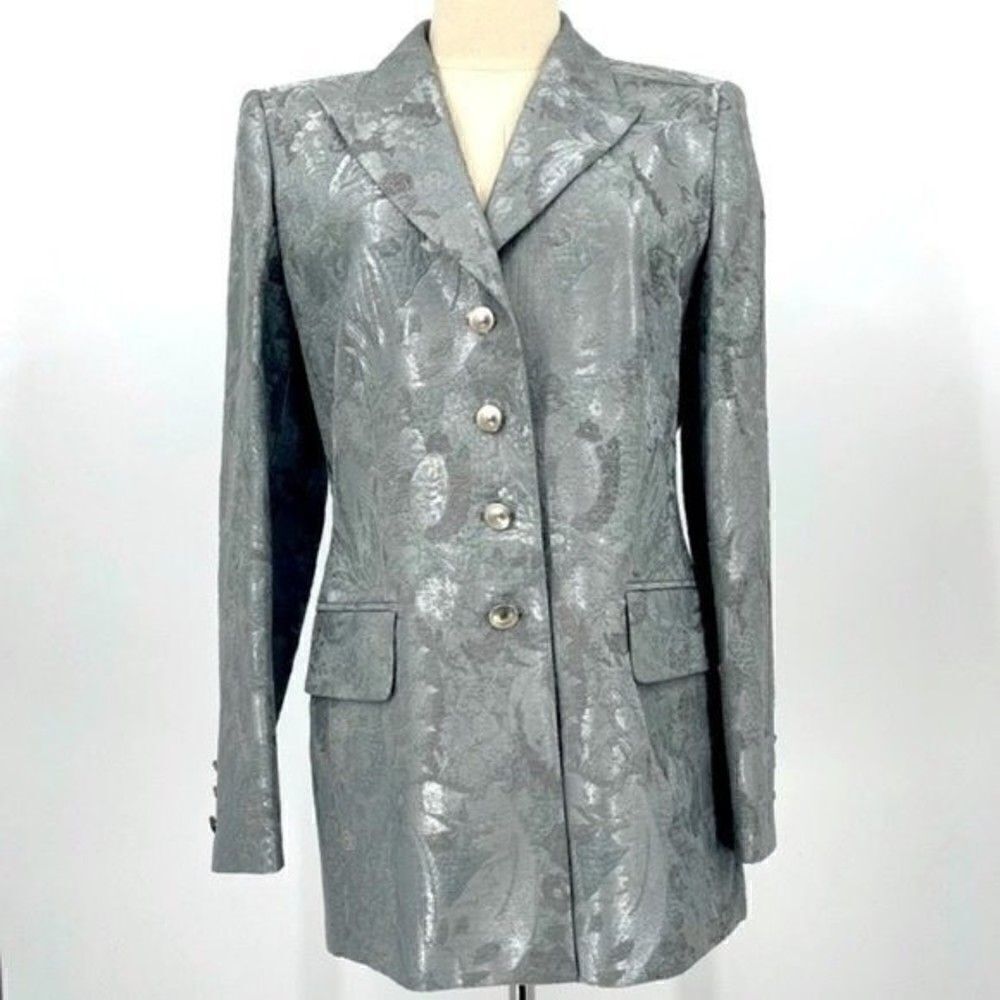 Escada Margaretha Ley gray long blazer sz 38 BoxV gray silver floral embroidery